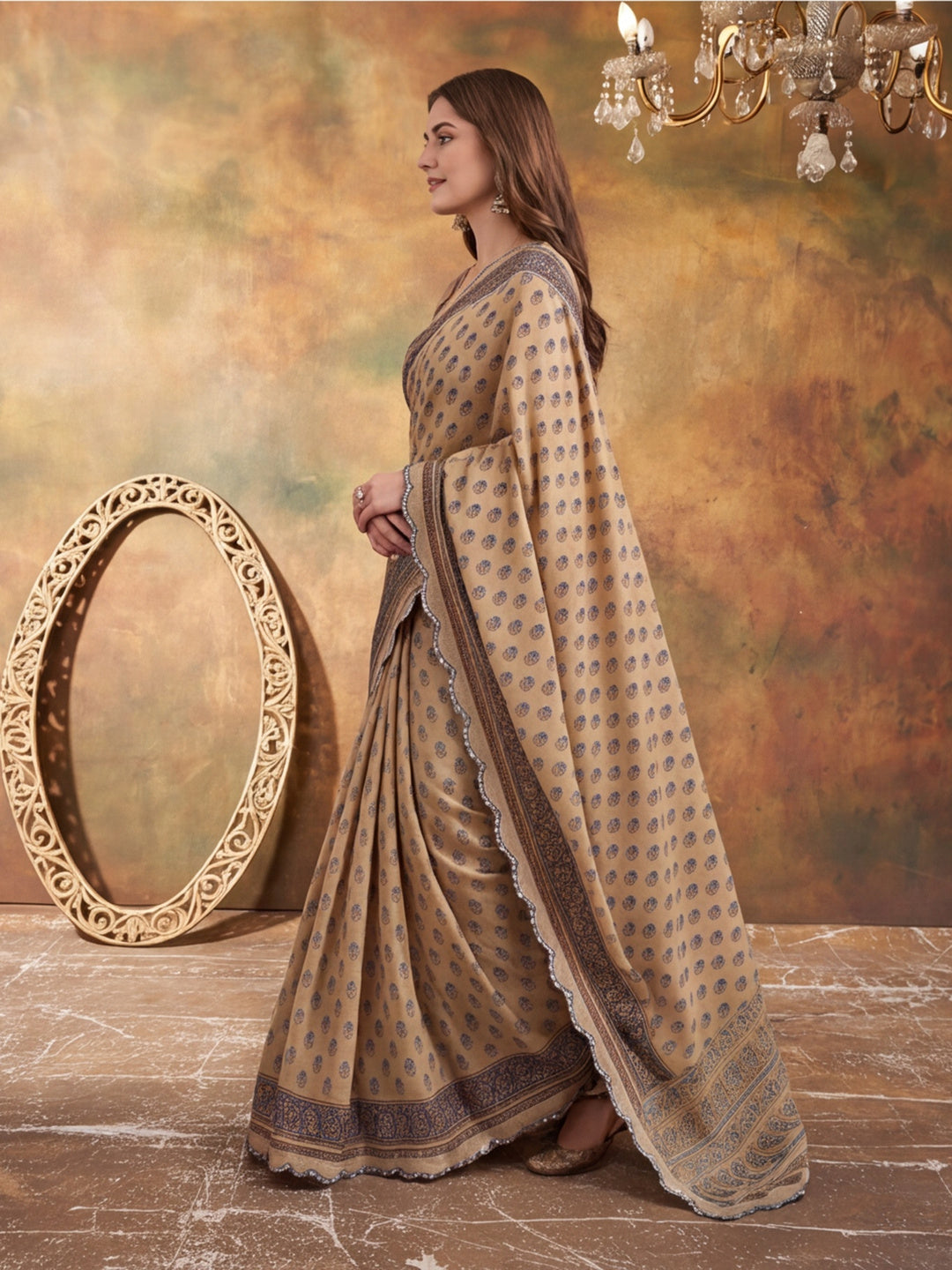 Women Lightweight Printed Beautiful Mirror Work Border Saree With Unstitched Blouse Piece