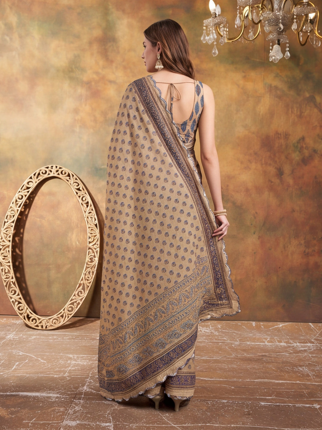 Women Lightweight Printed Beautiful Mirror Work Border Saree With Unstitched Blouse Piece