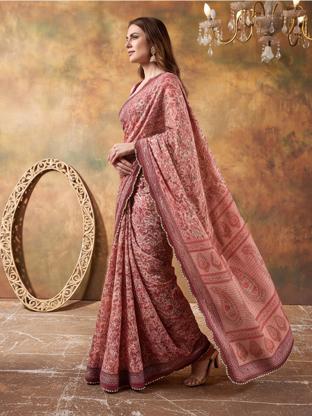 Women Lightweight Printed Beautiful Mirror Work Border Saree With Unstitched Blouse Piece