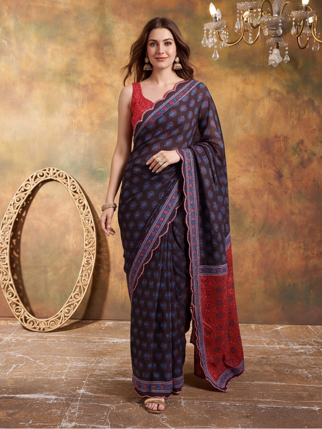 Women Lightweight Printed Beautiful Mirror Work Border Saree With Unstitched Blouse Piece