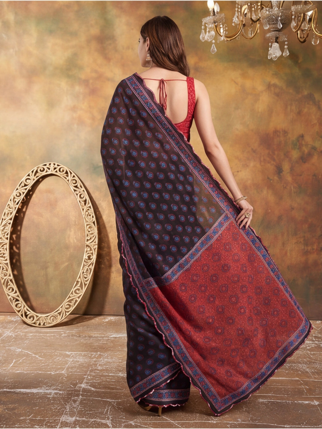 Women Lightweight Printed Beautiful Mirror Work Border Saree With Unstitched Blouse Piece