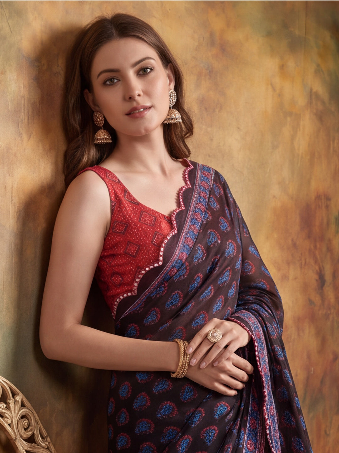 Women Lightweight Printed Beautiful Mirror Work Border Saree With Unstitched Blouse Piece