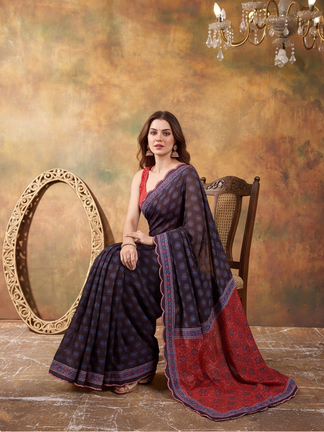 Women Lightweight Printed Beautiful Mirror Work Border Saree With Unstitched Blouse Piece