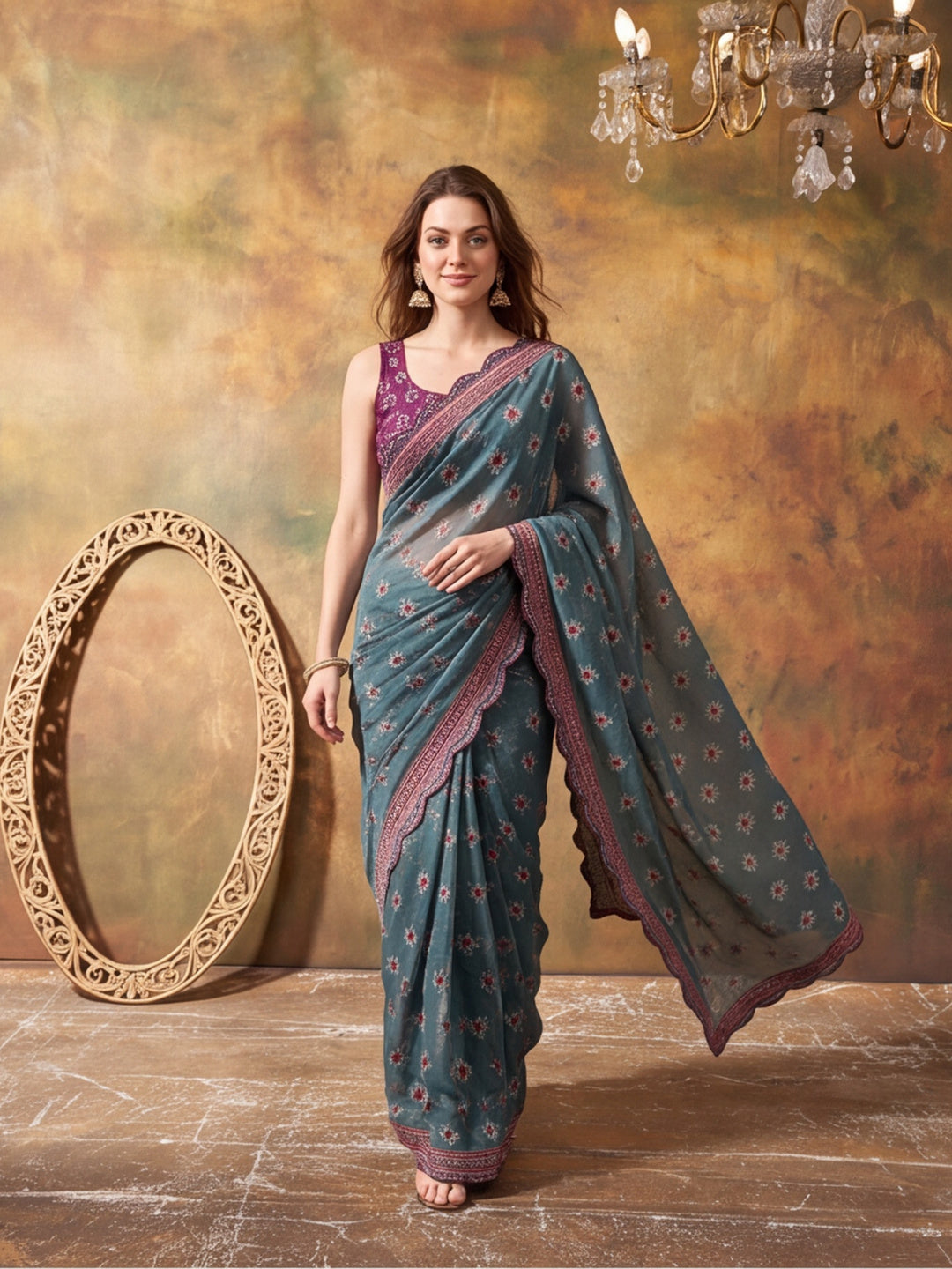 Women Lightweight Printed Beautiful Mirror Work Border Saree With Unstitched Blouse Piece