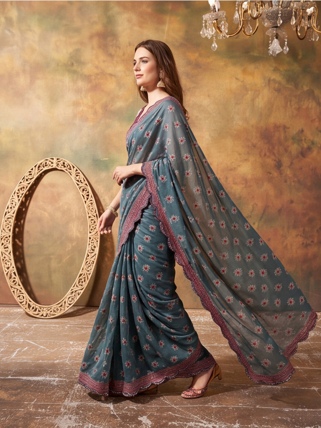Women Lightweight Printed Beautiful Mirror Work Border Saree With Unstitched Blouse Piece