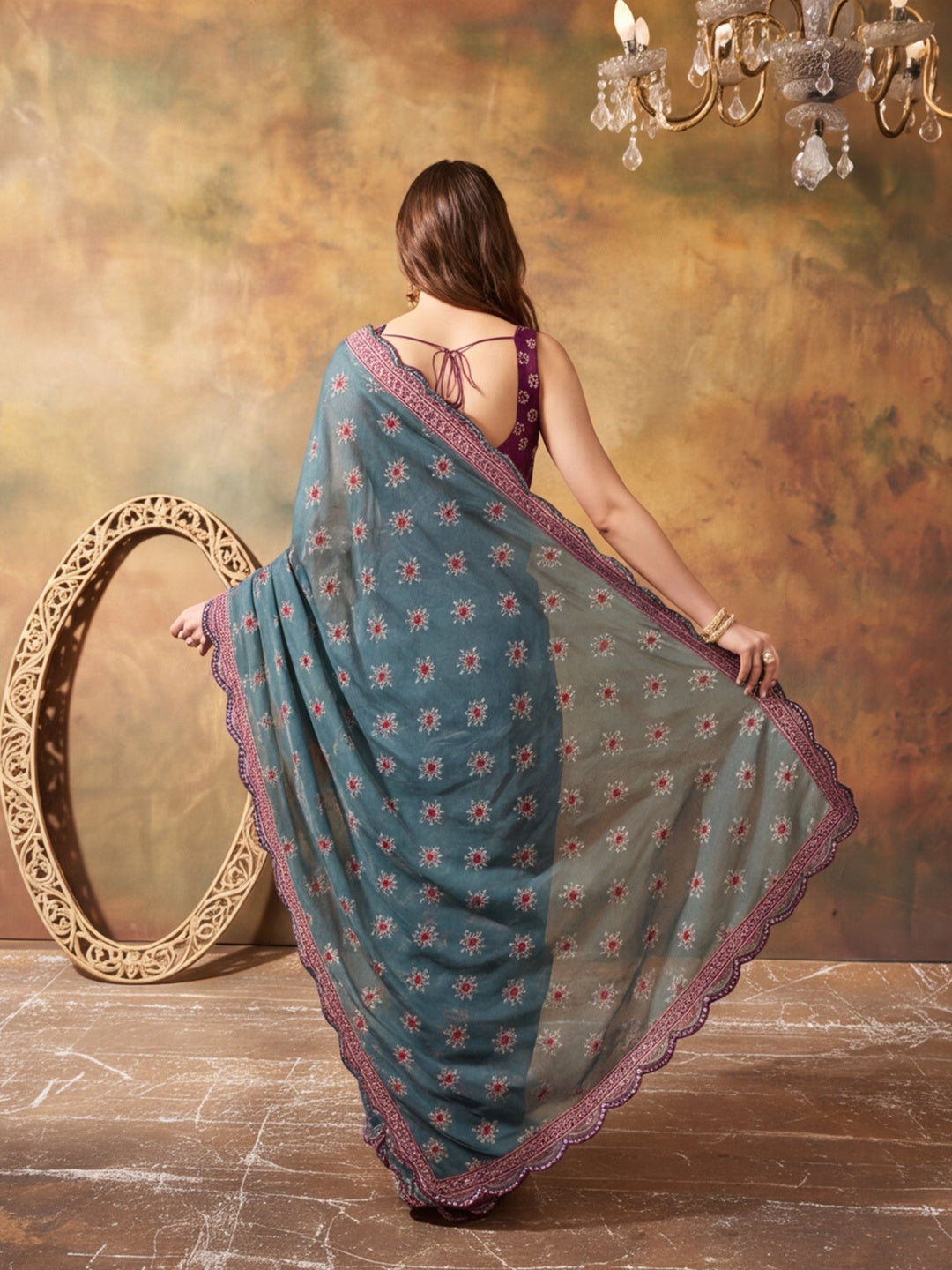 Women Lightweight Printed Beautiful Mirror Work Border Saree With Unstitched Blouse Piece