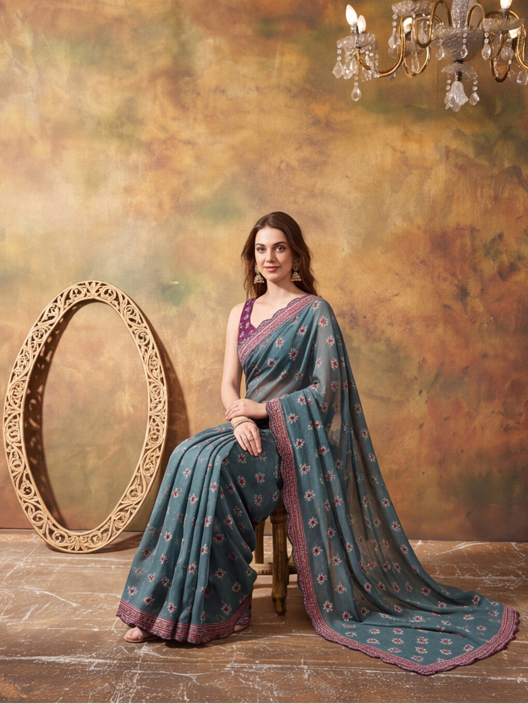 Women Lightweight Printed Beautiful Mirror Work Border Saree With Unstitched Blouse Piece