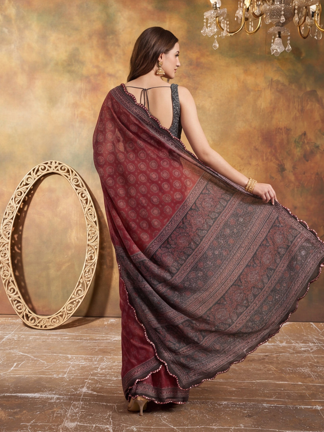 Women Lightweight Printed Beautiful Mirror Work Border Saree With Unstitched Blouse Piece