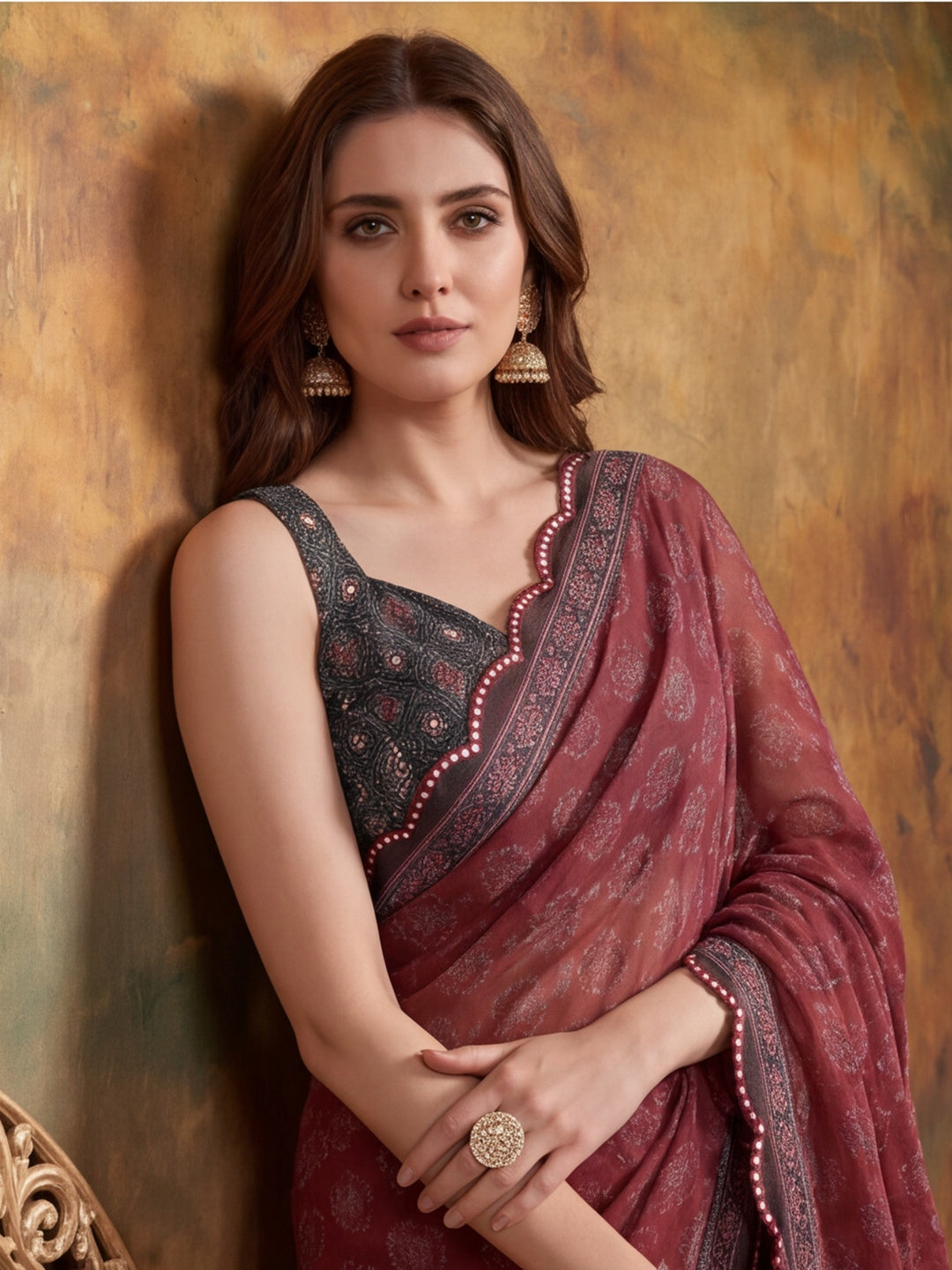 Women Lightweight Printed Beautiful Mirror Work Border Saree With Unstitched Blouse Piece