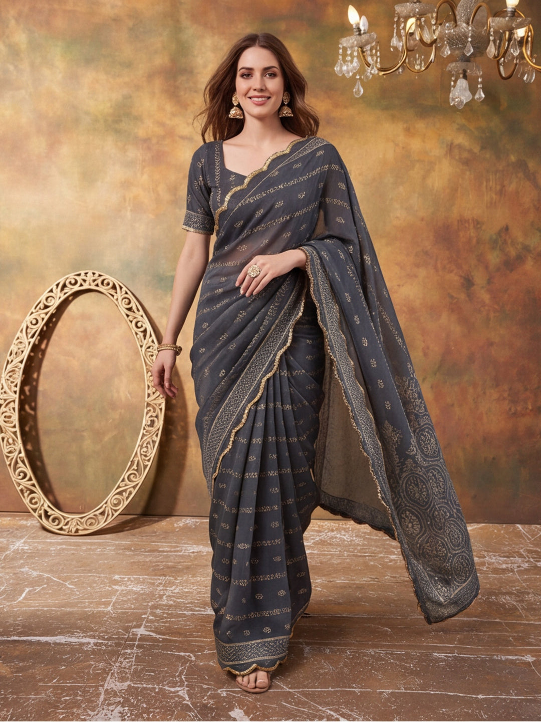 Women Lightweight Printed Beautiful Mirror Work Border Saree With Unstitched Blouse Piece