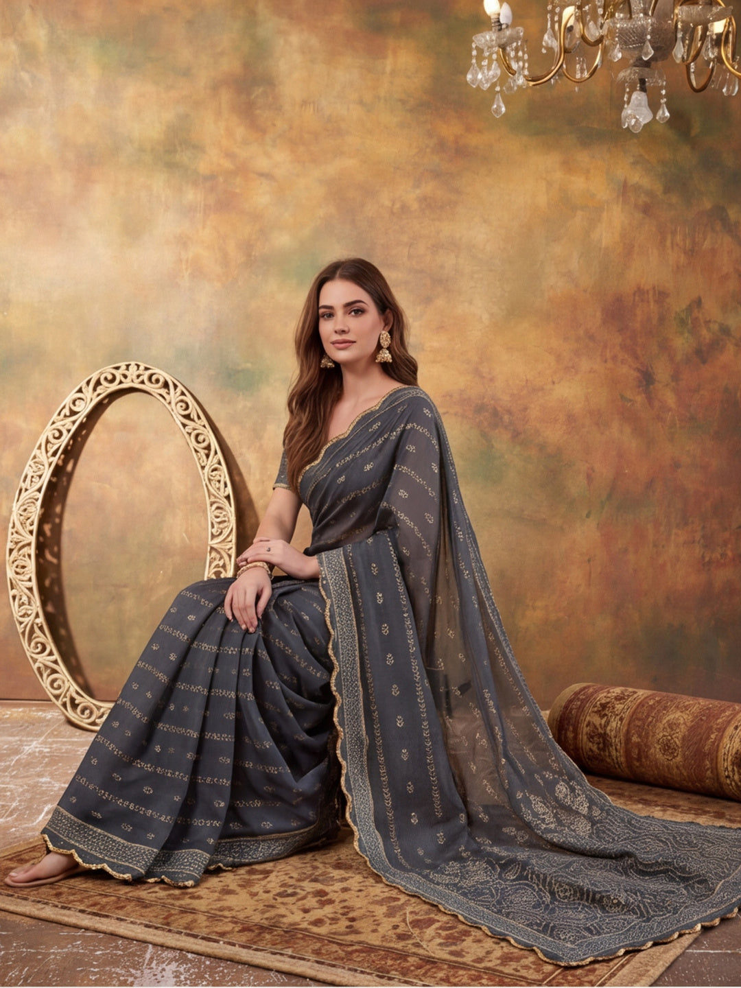 Women Lightweight Printed Beautiful Mirror Work Border Saree With Unstitched Blouse Piece