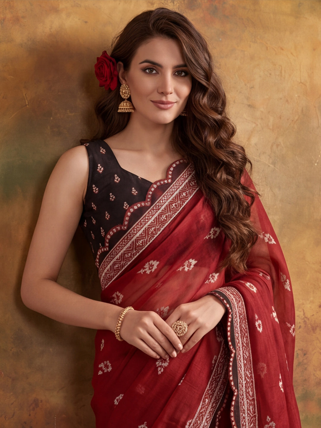 Women Lightweight Printed Beautiful Mirror Work Border Saree With Unstitched Blouse Piece