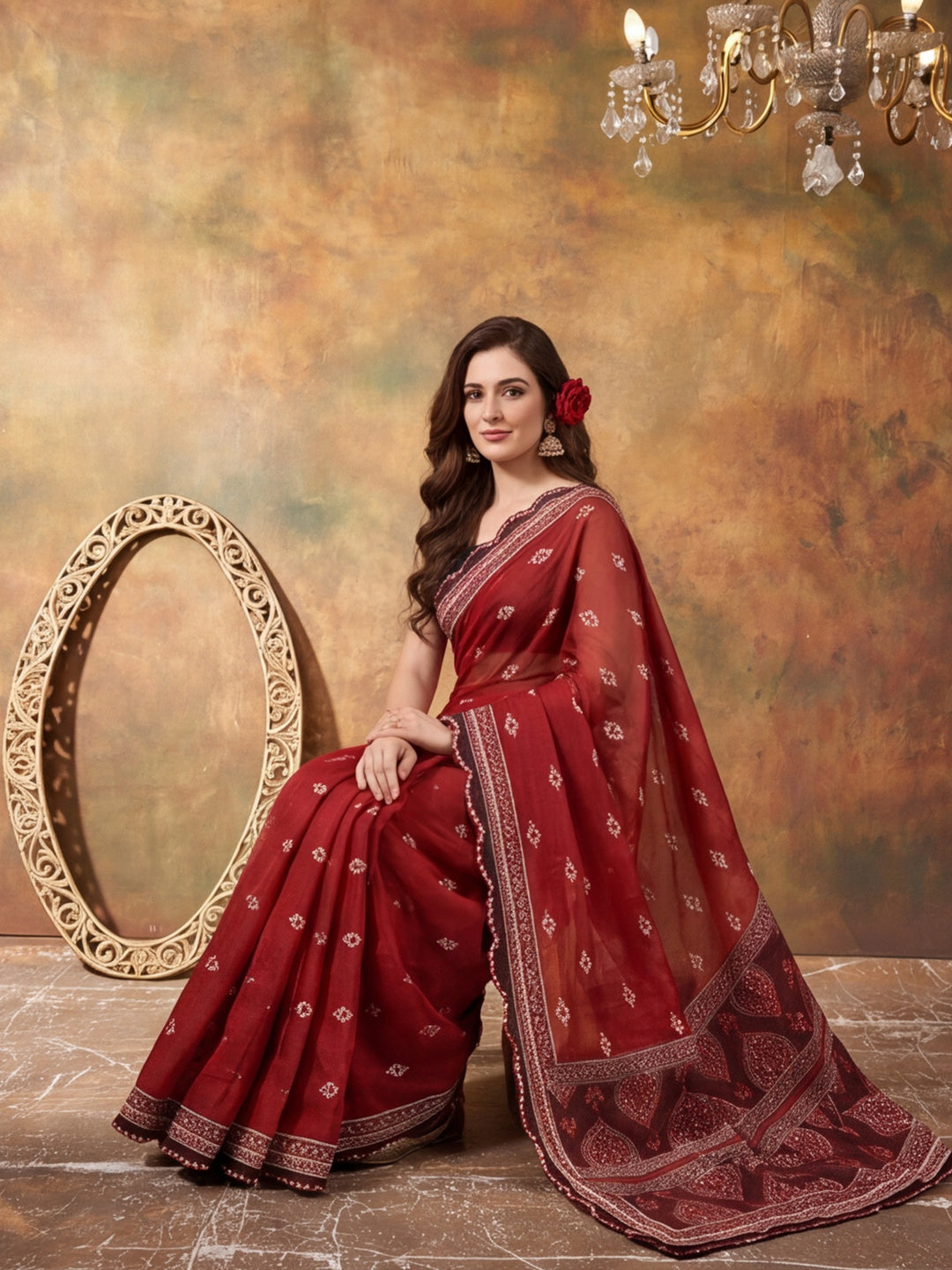 Women Lightweight Printed Beautiful Mirror Work Border Saree With Unstitched Blouse Piece
