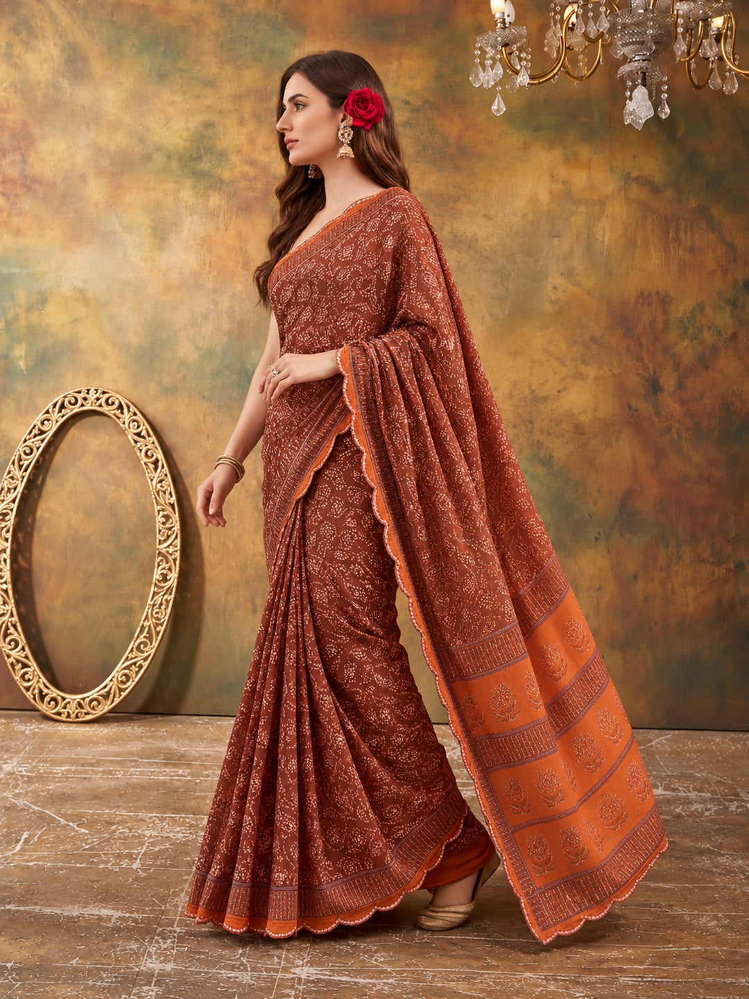 Women Lightweight Printed Beautiful Mirror Work Border Saree With Unstitched Blouse Piece