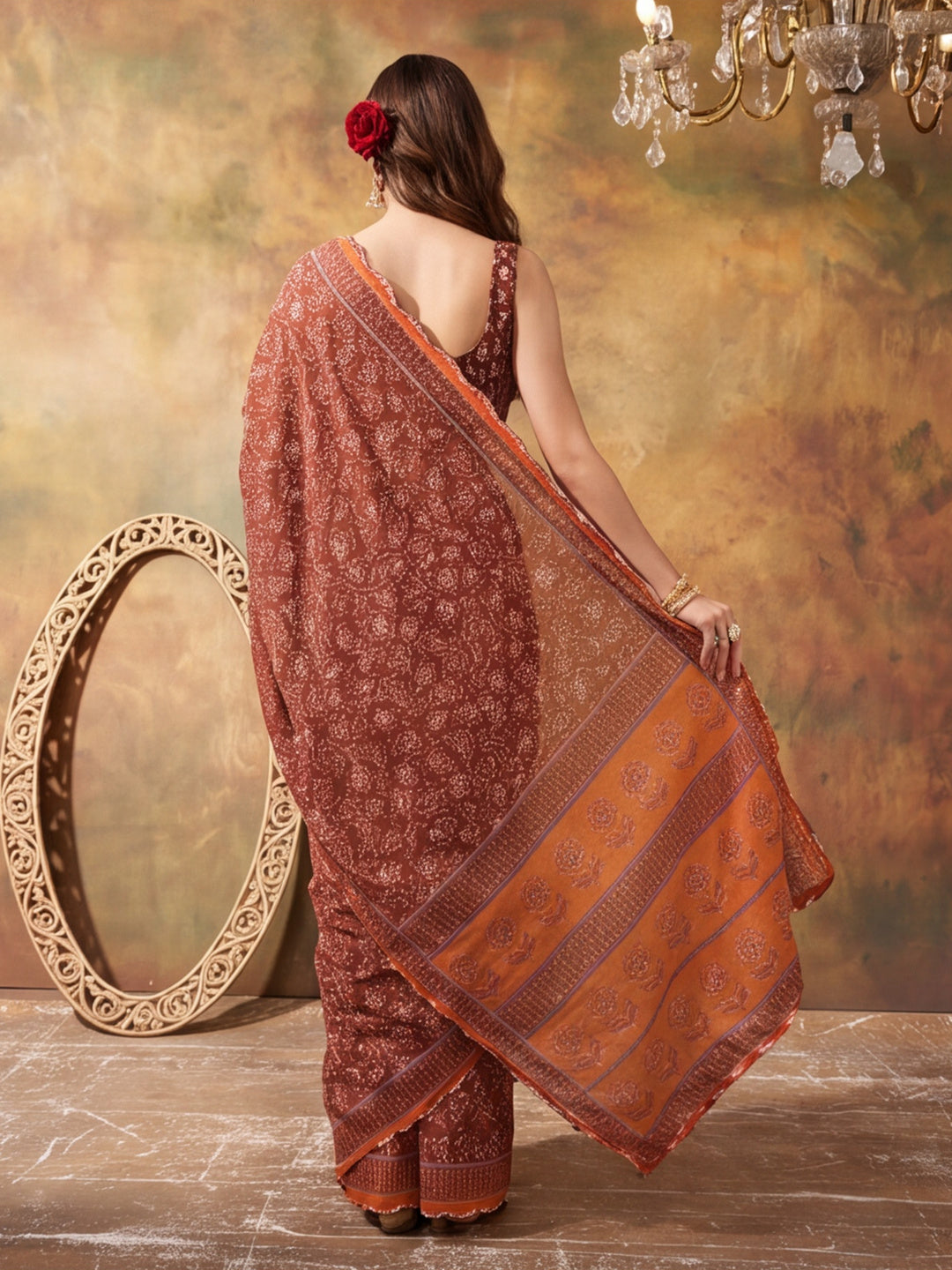 Women Lightweight Printed Beautiful Mirror Work Border Saree With Unstitched Blouse Piece