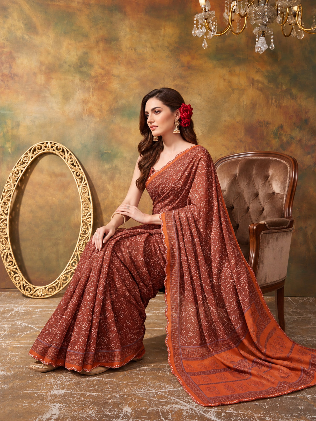 Women Lightweight Printed Beautiful Mirror Work Border Saree With Unstitched Blouse Piece