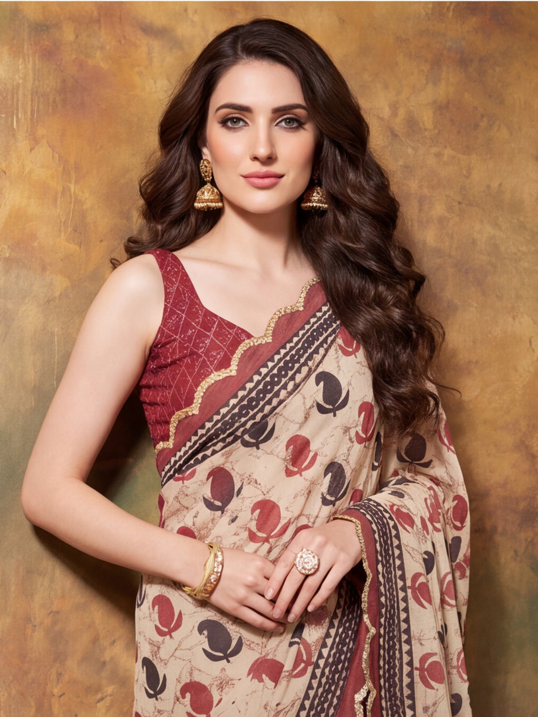 Women Lightweight Printed Beautiful Mirror Work Border Saree With Unstitched Blouse Piece