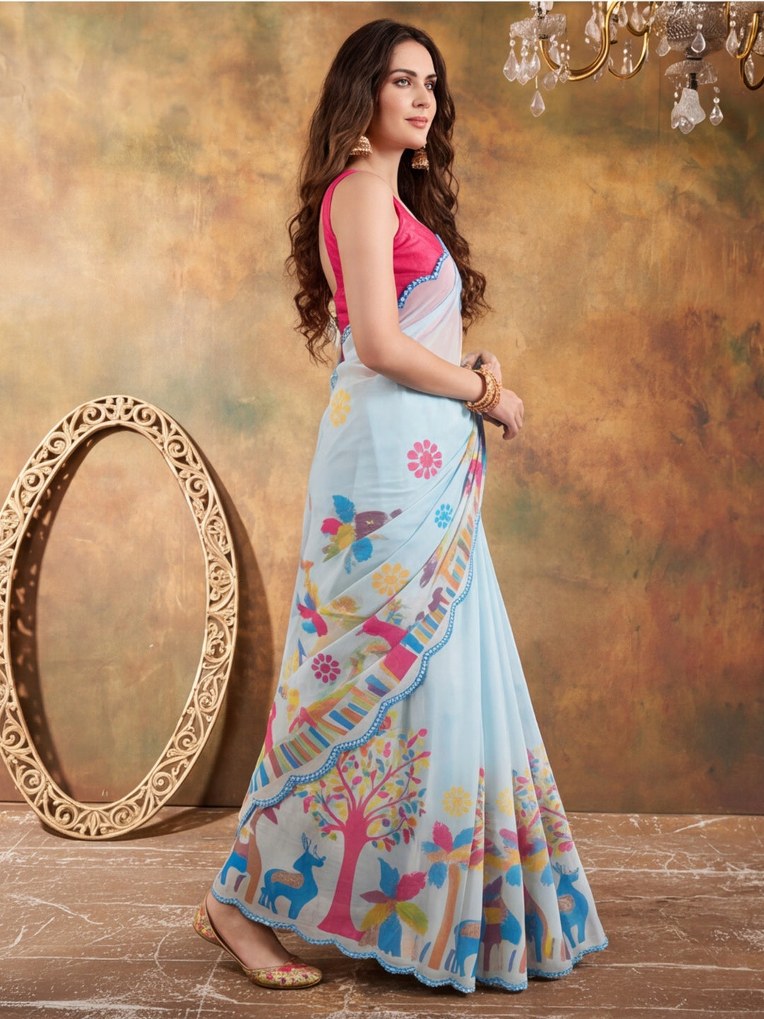 Women Lightweight Printed Beautiful Mirror Work Border Saree With Unstitched Blouse Piece