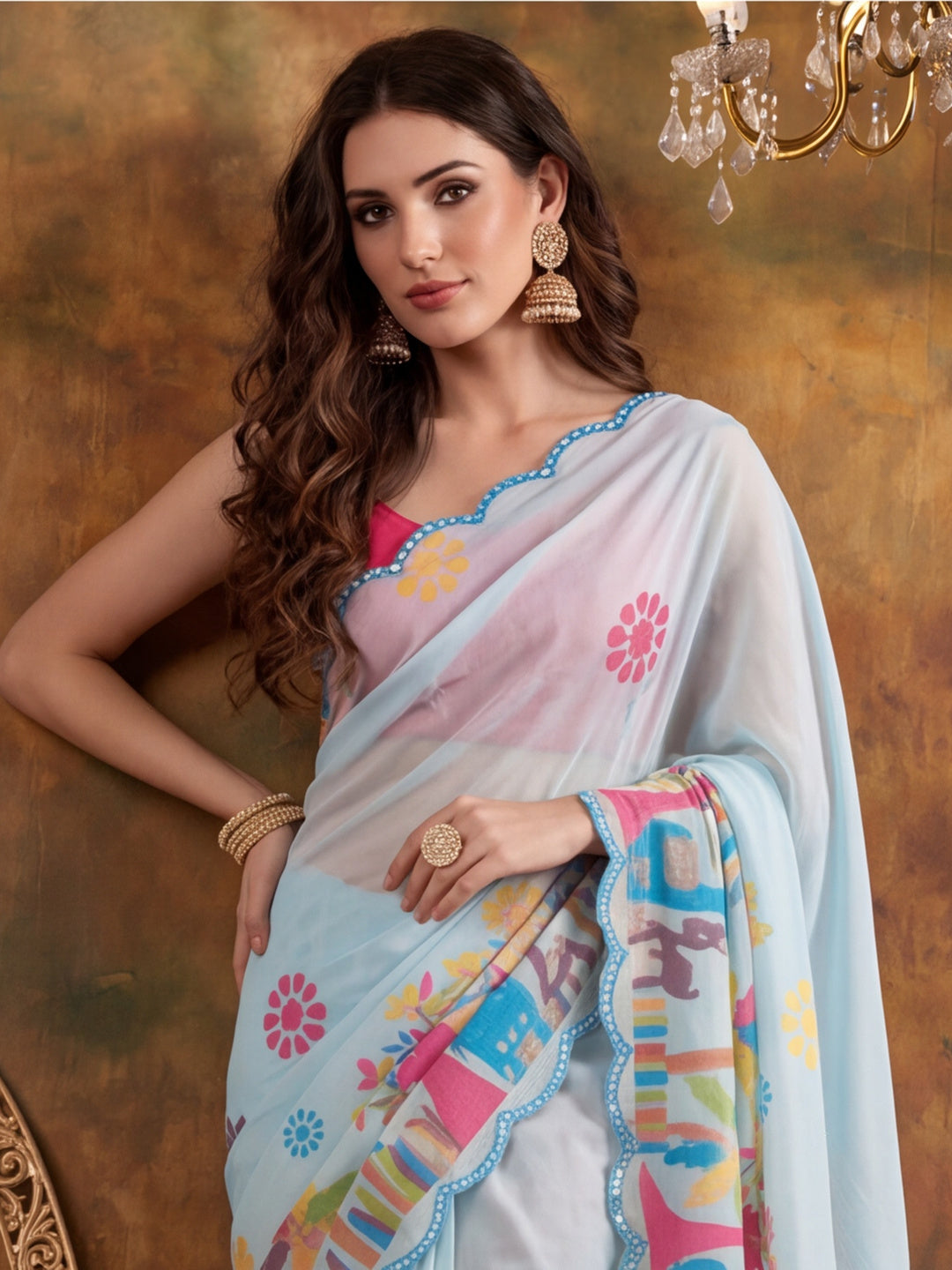 Women Lightweight Printed Beautiful Mirror Work Border Saree With Unstitched Blouse Piece