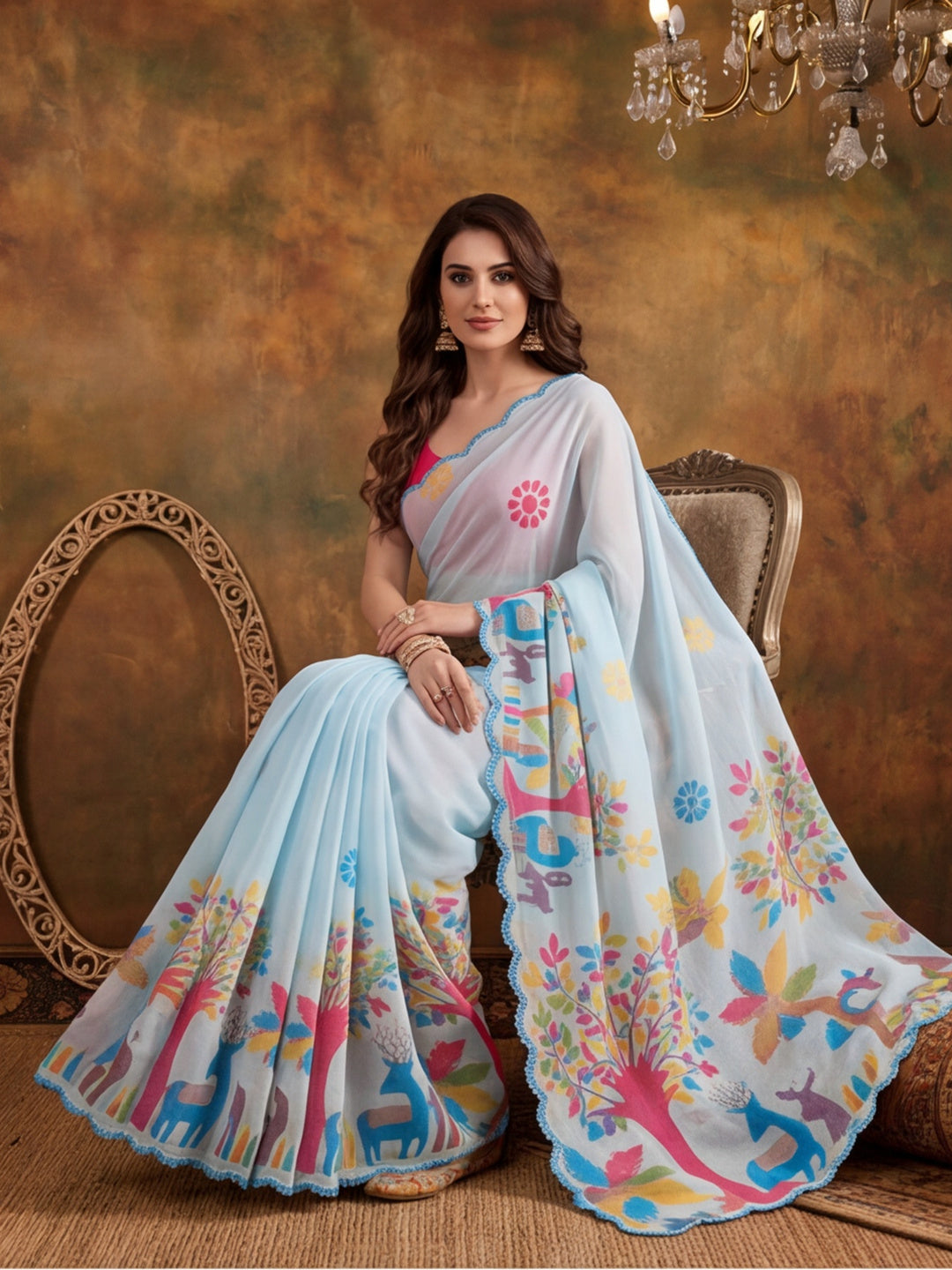 Women Lightweight Printed Beautiful Mirror Work Border Saree With Unstitched Blouse Piece