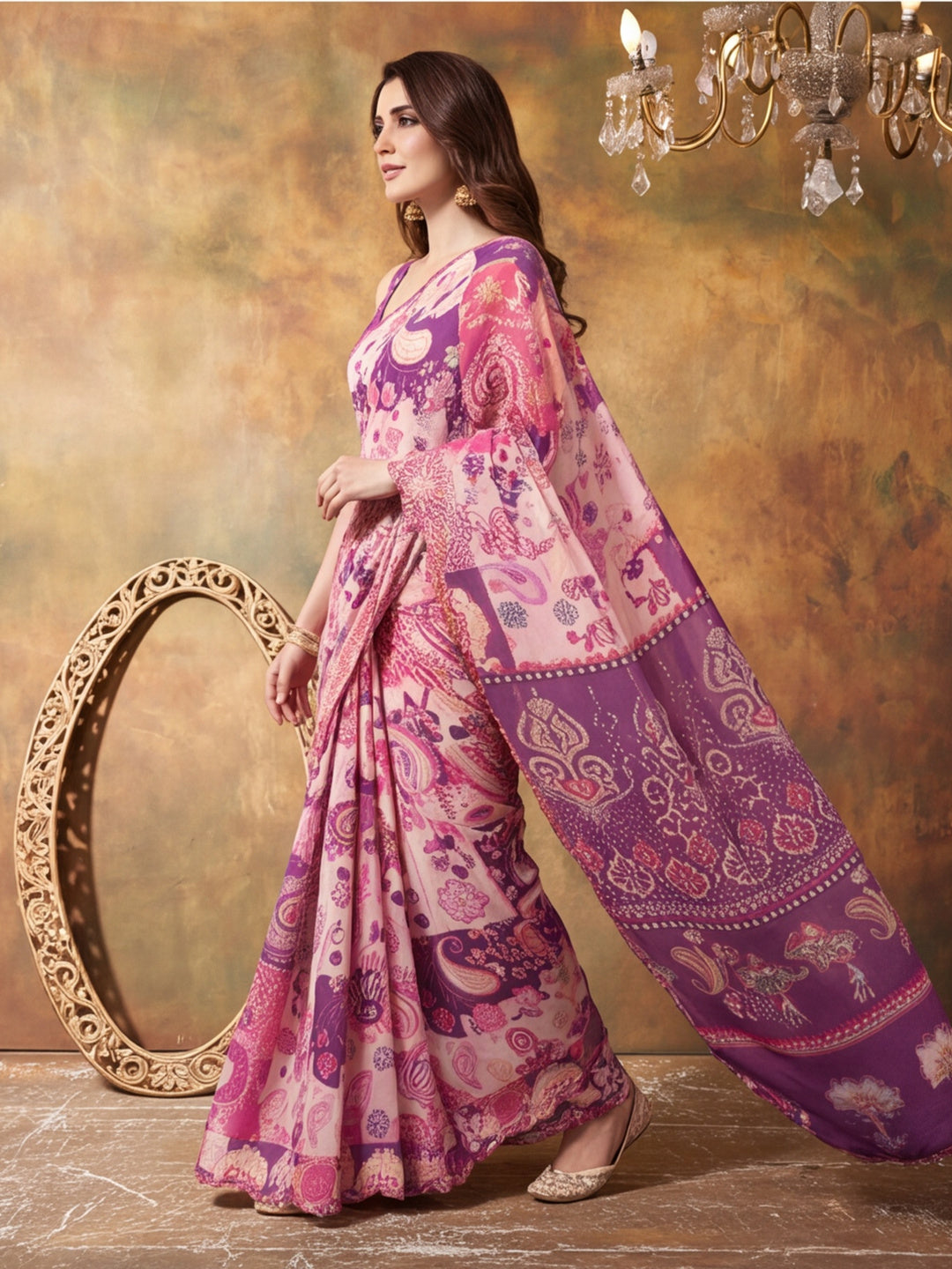 Women Lightweight Printed Beautiful Mirror Work Border Saree With Unstitched Blouse Piece