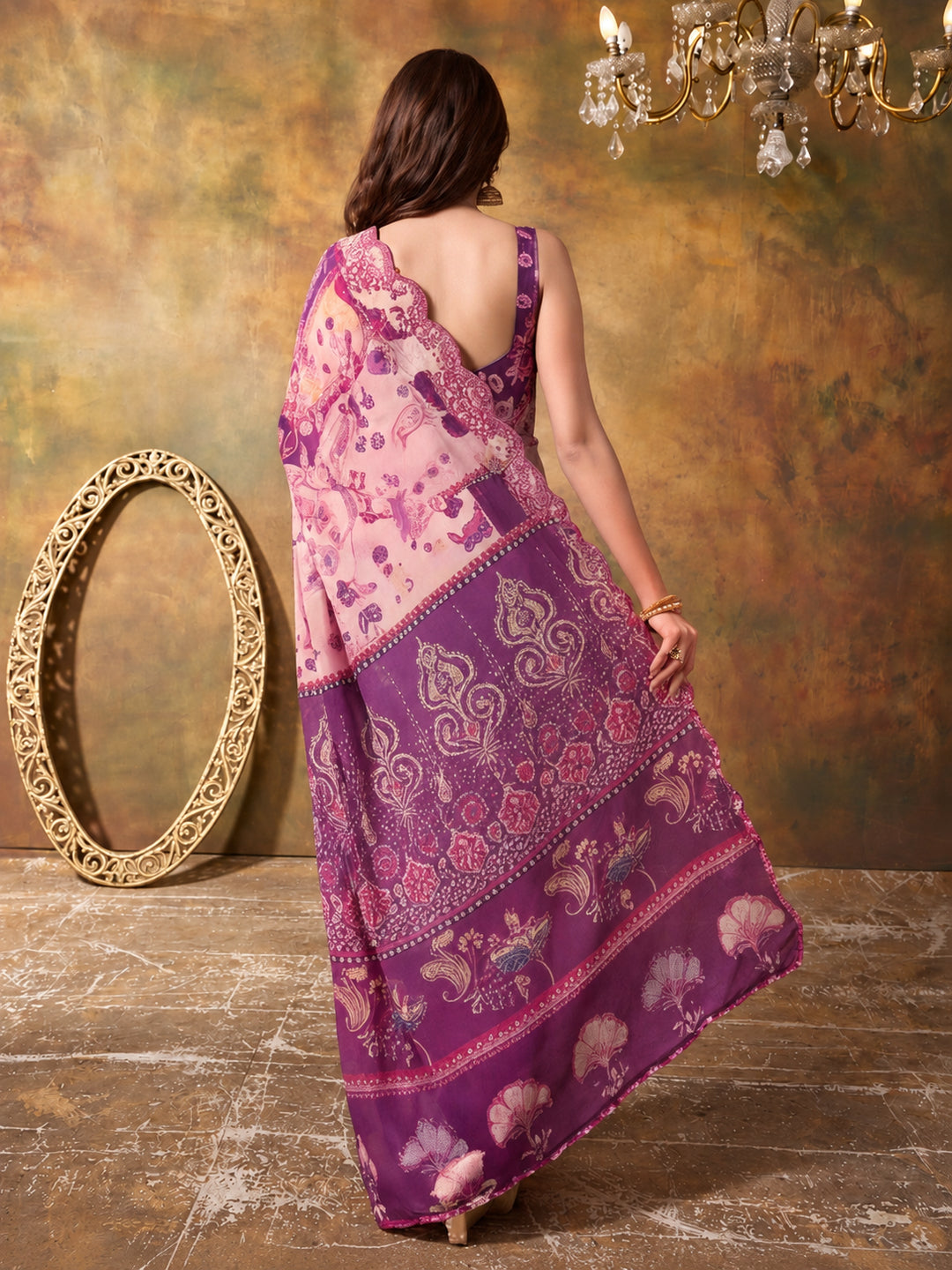 Women Lightweight Printed Beautiful Mirror Work Border Saree With Unstitched Blouse Piece