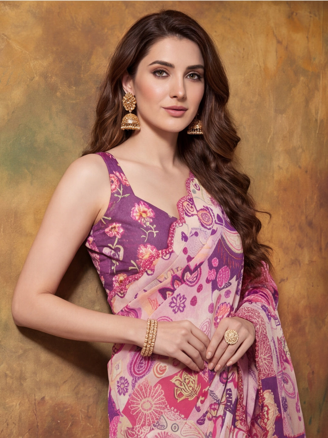 Women Lightweight Printed Beautiful Mirror Work Border Saree With Unstitched Blouse Piece