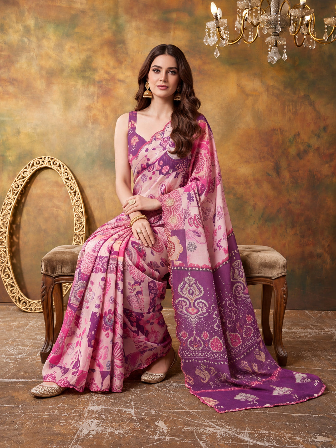 Women Lightweight Printed Beautiful Mirror Work Border Saree With Unstitched Blouse Piece