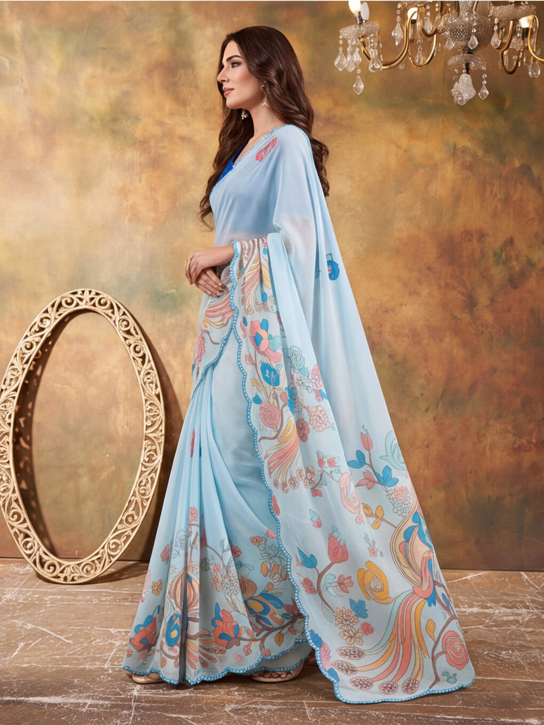 Women Lightweight Printed Beautiful Mirror Work Border Saree With Unstitched Blouse Piece
