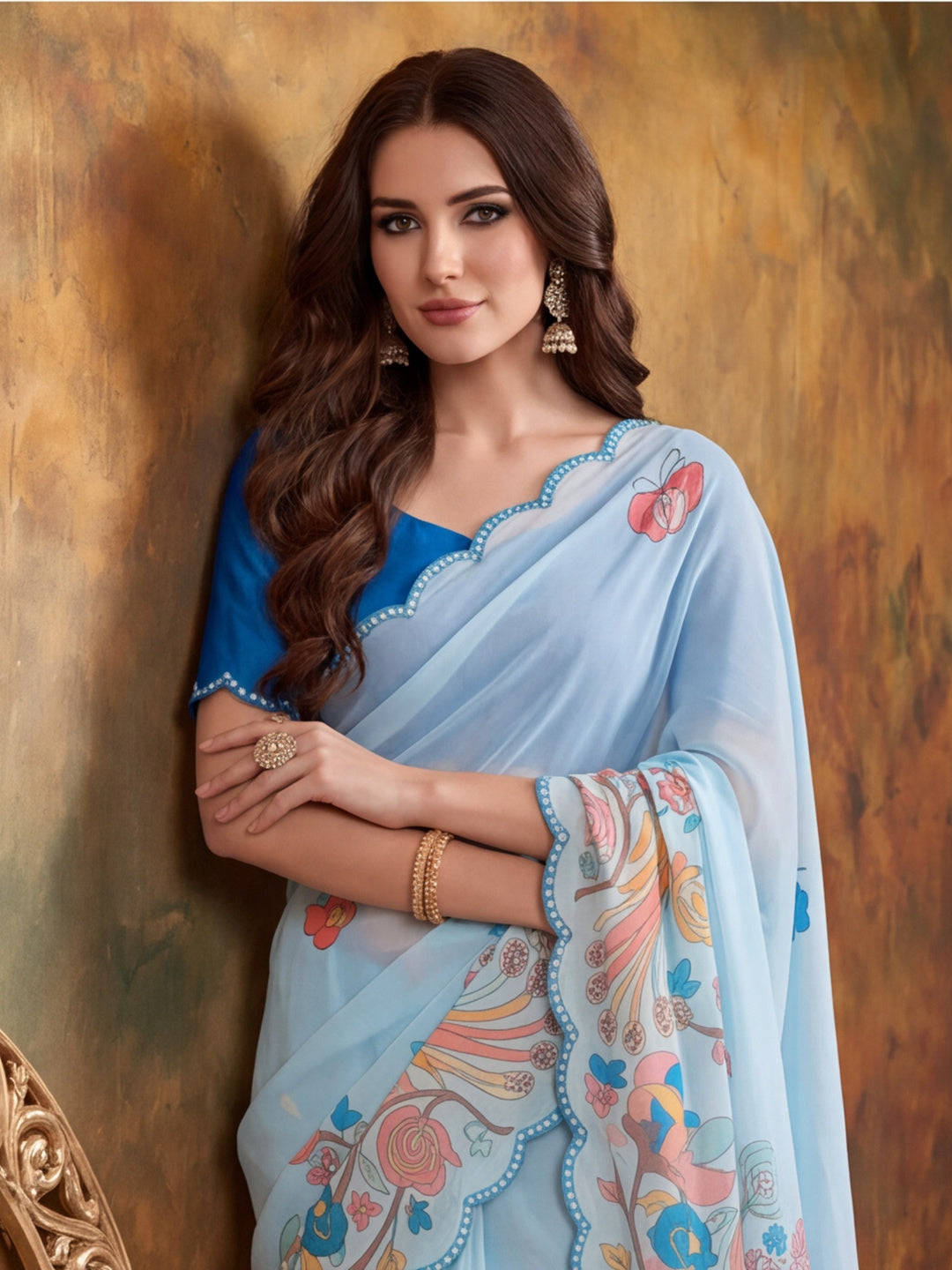 Women Lightweight Printed Beautiful Mirror Work Border Saree With Unstitched Blouse Piece
