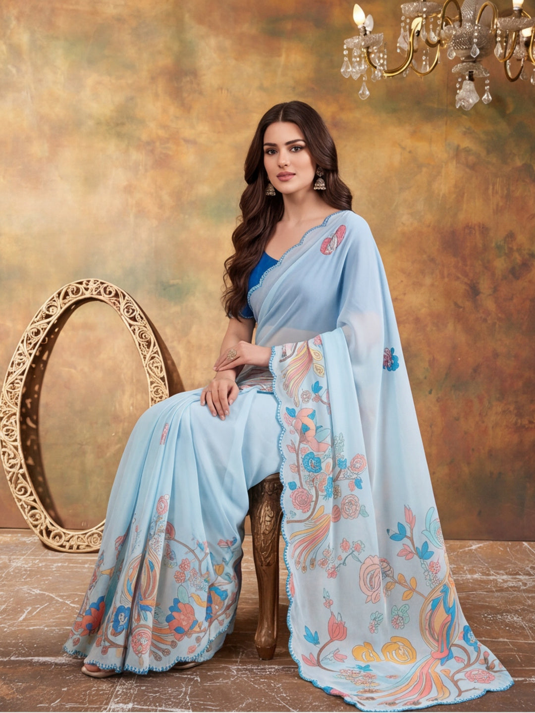Women Lightweight Printed Beautiful Mirror Work Border Saree With Unstitched Blouse Piece