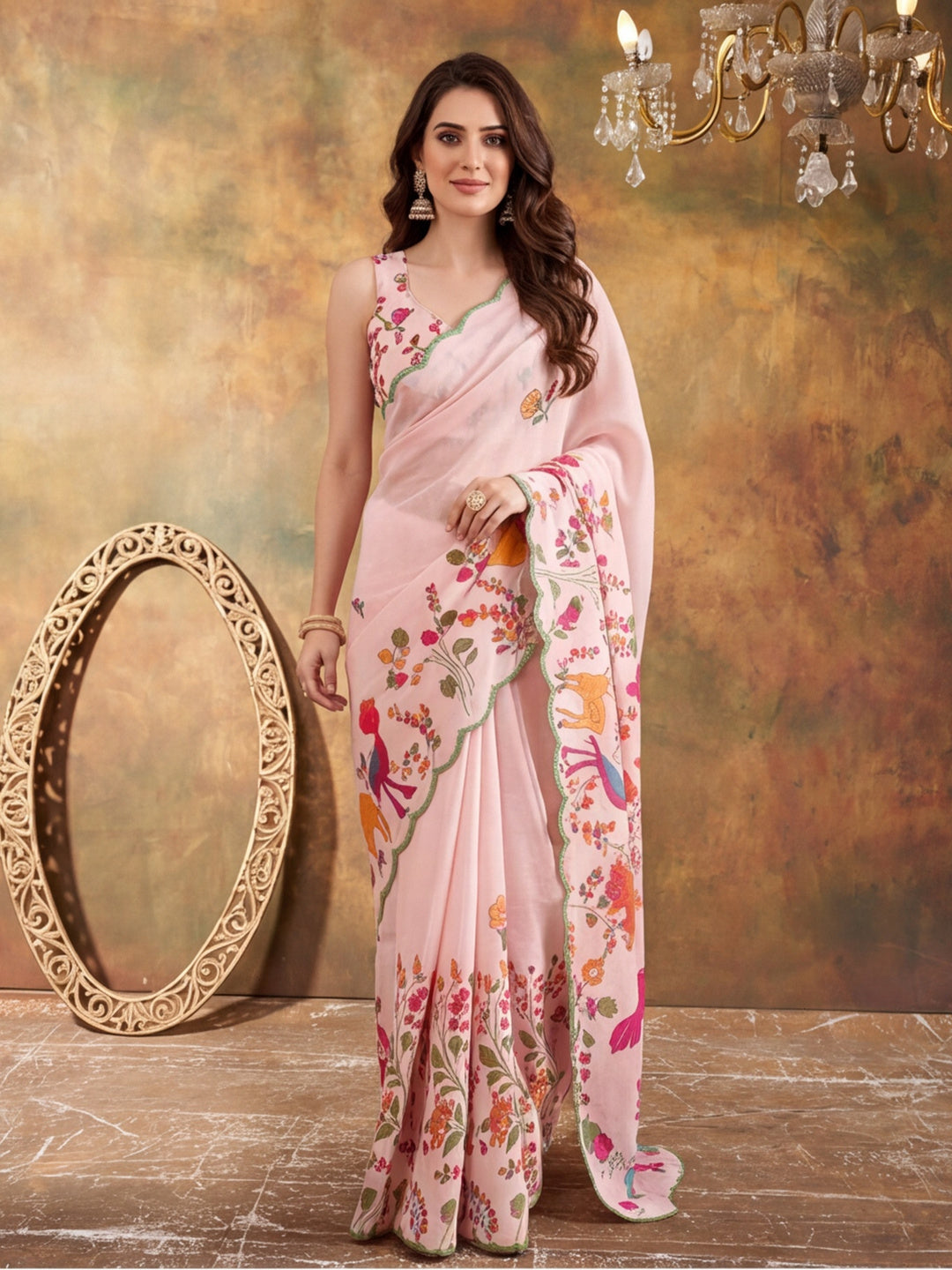 Women Lightweight Printed Beautiful Mirror Work Border Saree With Unstitched Blouse Piece