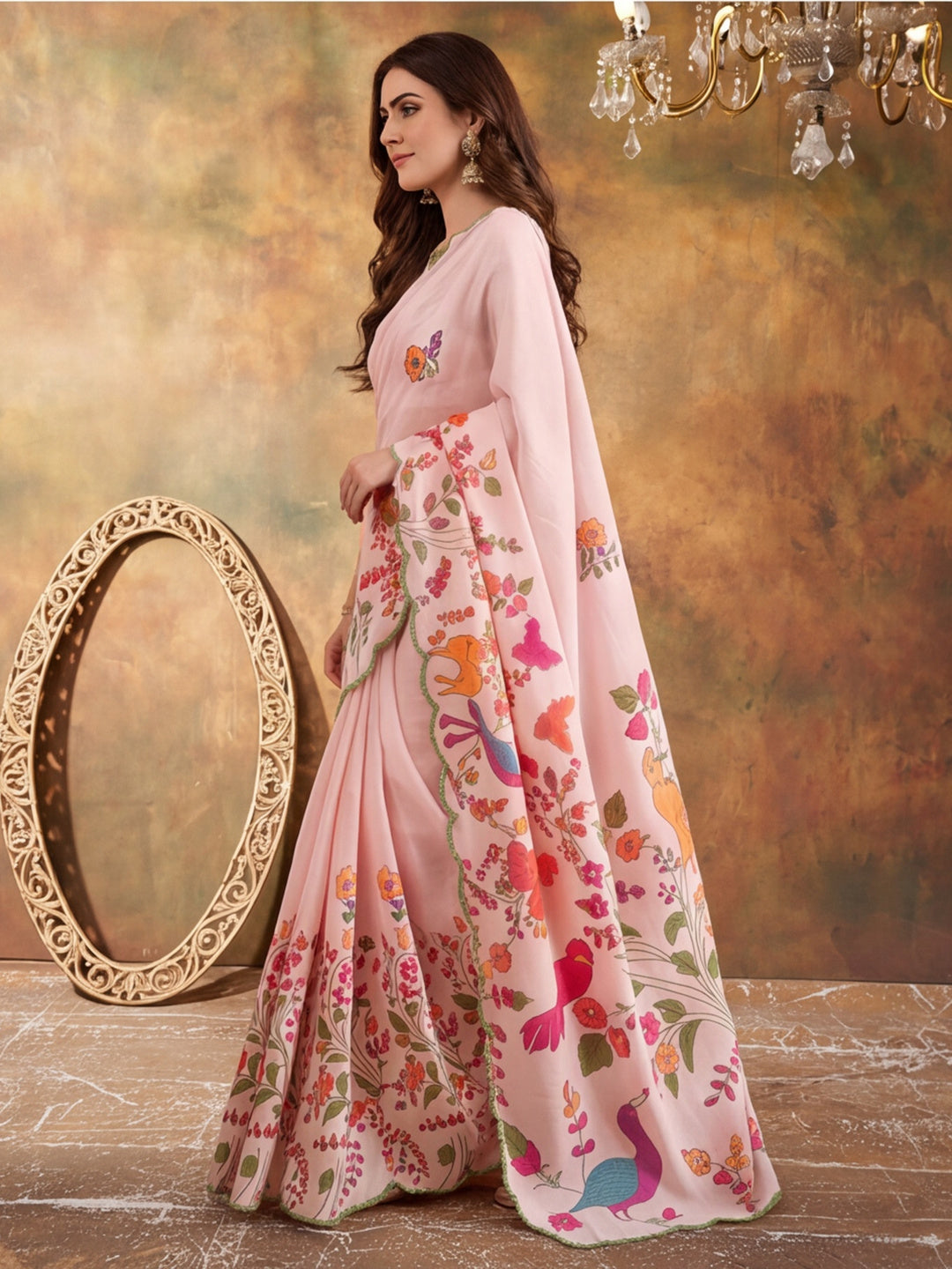 Women Lightweight Printed Beautiful Mirror Work Border Saree With Unstitched Blouse Piece