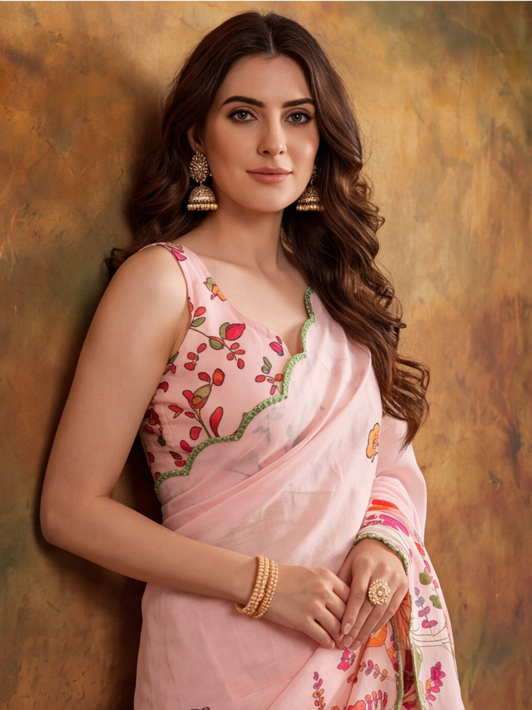Women Lightweight Printed Beautiful Mirror Work Border Saree With Unstitched Blouse Piece