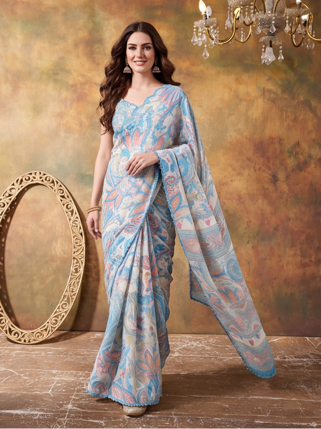 Women Lightweight Printed Beautiful Mirror Work Border Saree With Unstitched Blouse Piece