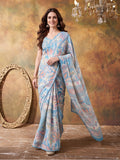 Women Lightweight Printed Beautiful Mirror Work Border Saree With Unstitched Blouse Piece