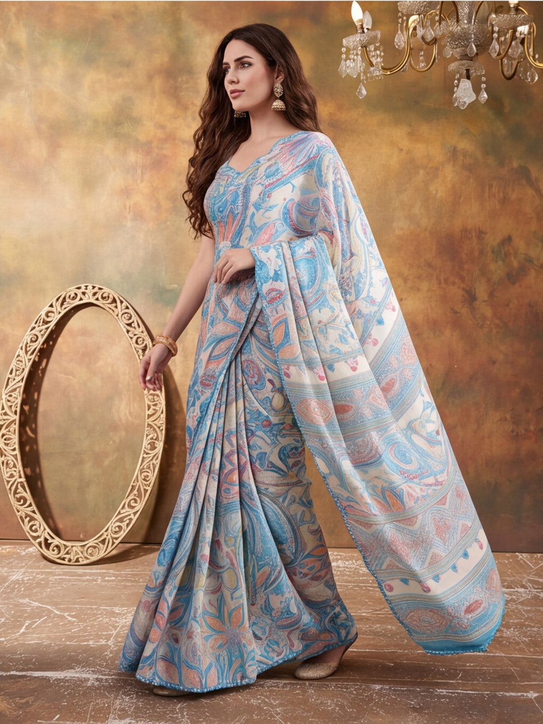 Women Lightweight Printed Beautiful Mirror Work Border Saree With Unstitched Blouse Piece