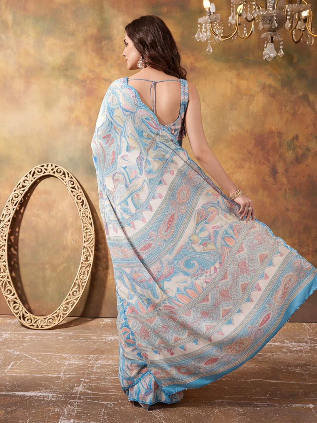 Women Lightweight Printed Beautiful Mirror Work Border Saree With Unstitched Blouse Piece