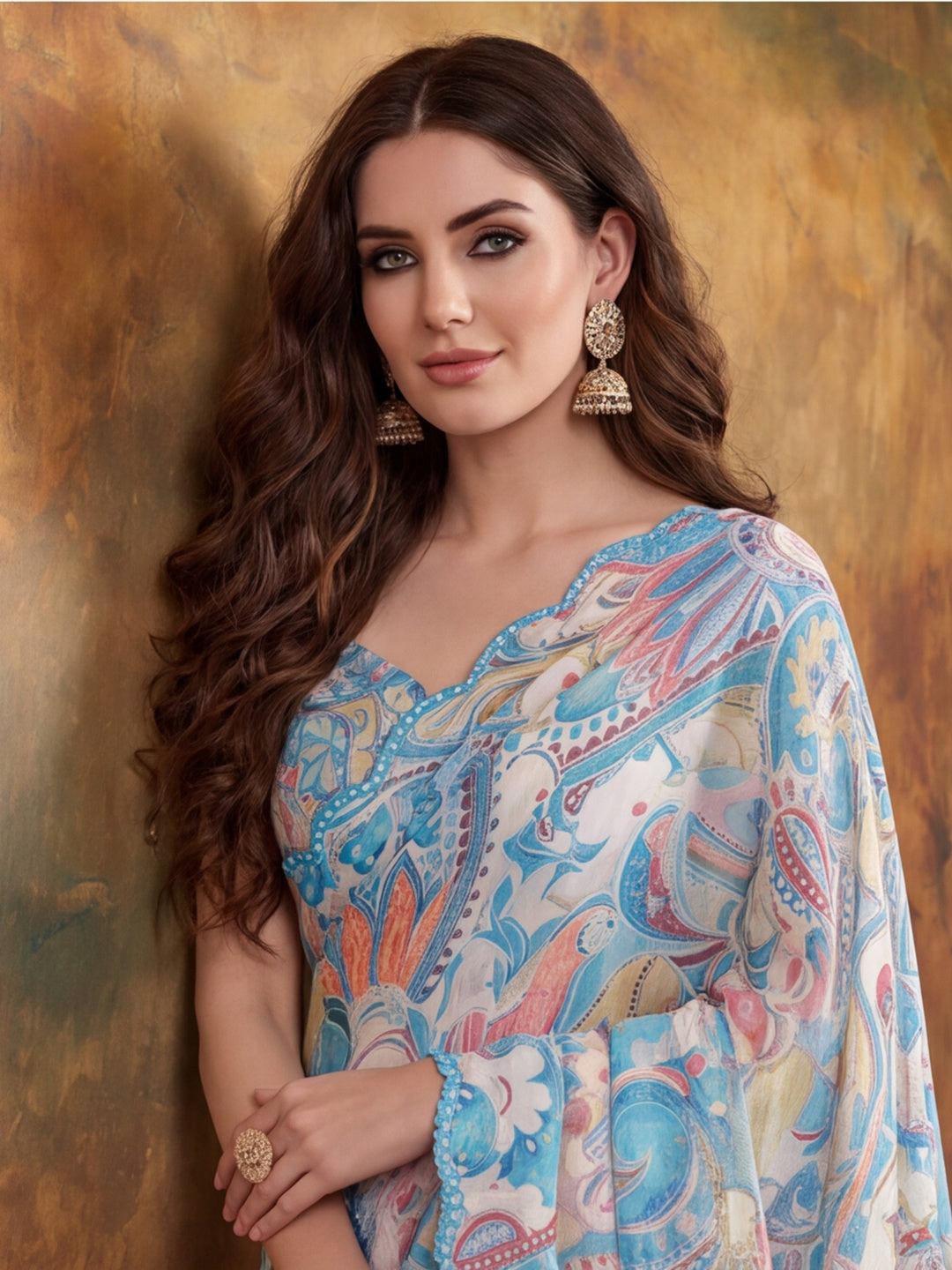 Women Lightweight Printed Beautiful Mirror Work Border Saree With Unstitched Blouse Piece
