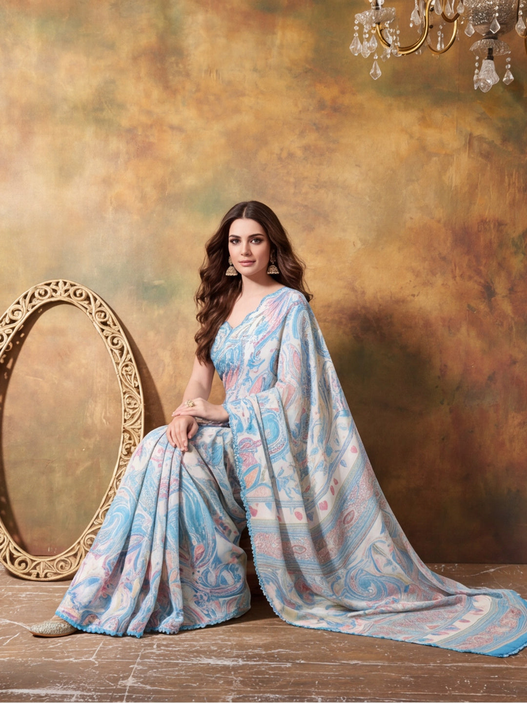 Women Lightweight Printed Beautiful Mirror Work Border Saree With Unstitched Blouse Piece