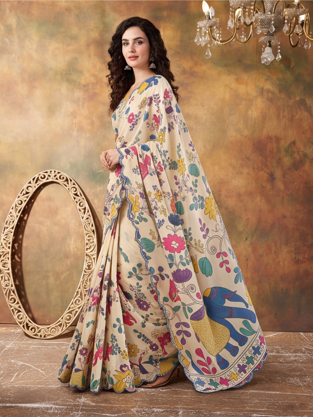Women Lightweight Printed Beautiful Mirror Work Border Saree With Unstitched Blouse Piece