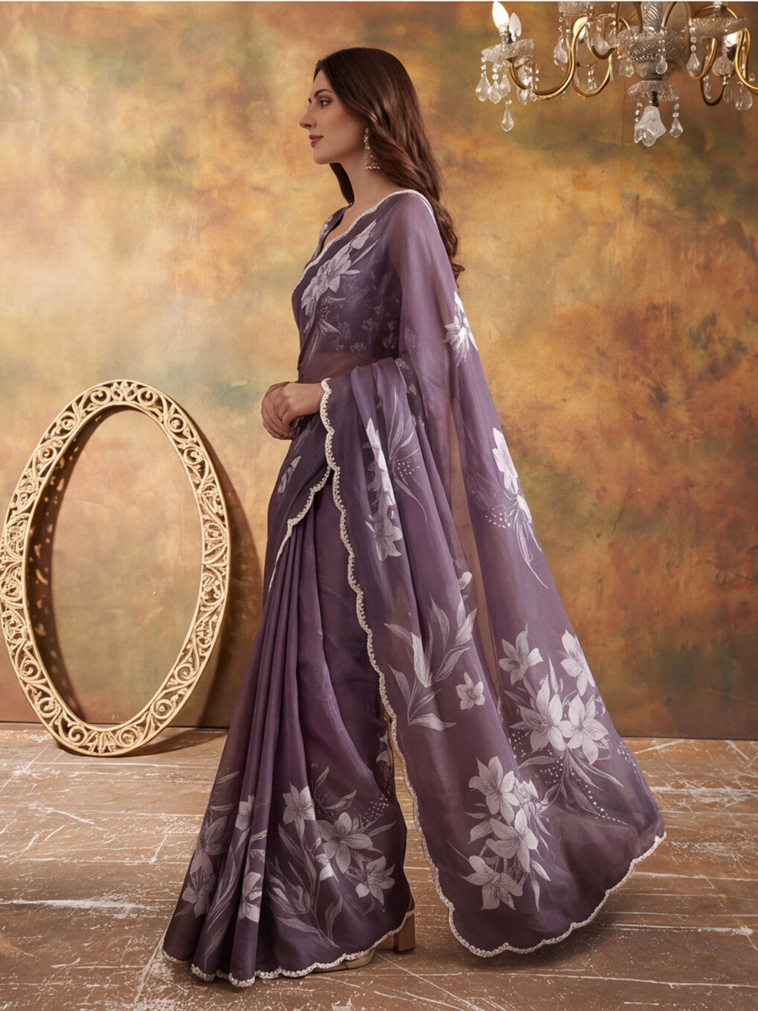 Women Lightweight Printed Beautiful Mirror Work Border Saree With Unstitched Blouse Piece