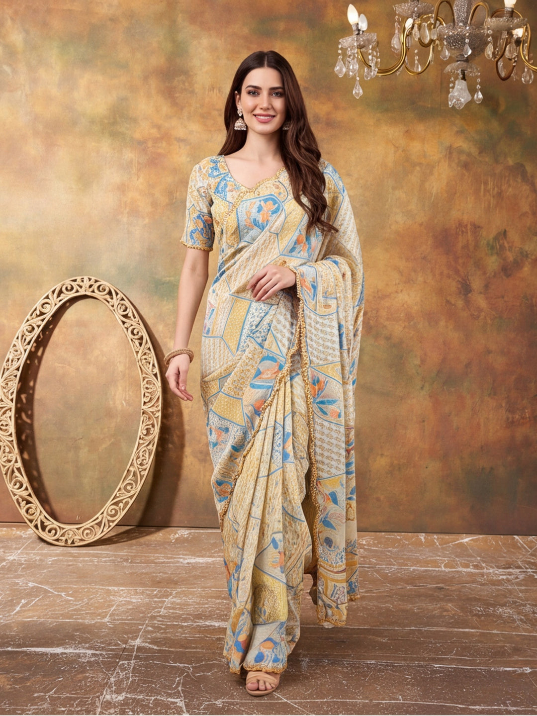 Women Lightweight Printed Beautiful Mirror Work Border Saree With Unstitched Blouse Piece