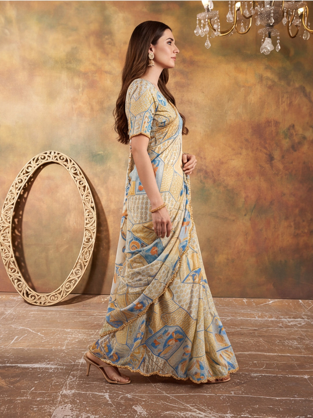 Women Lightweight Printed Beautiful Mirror Work Border Saree With Unstitched Blouse Piece