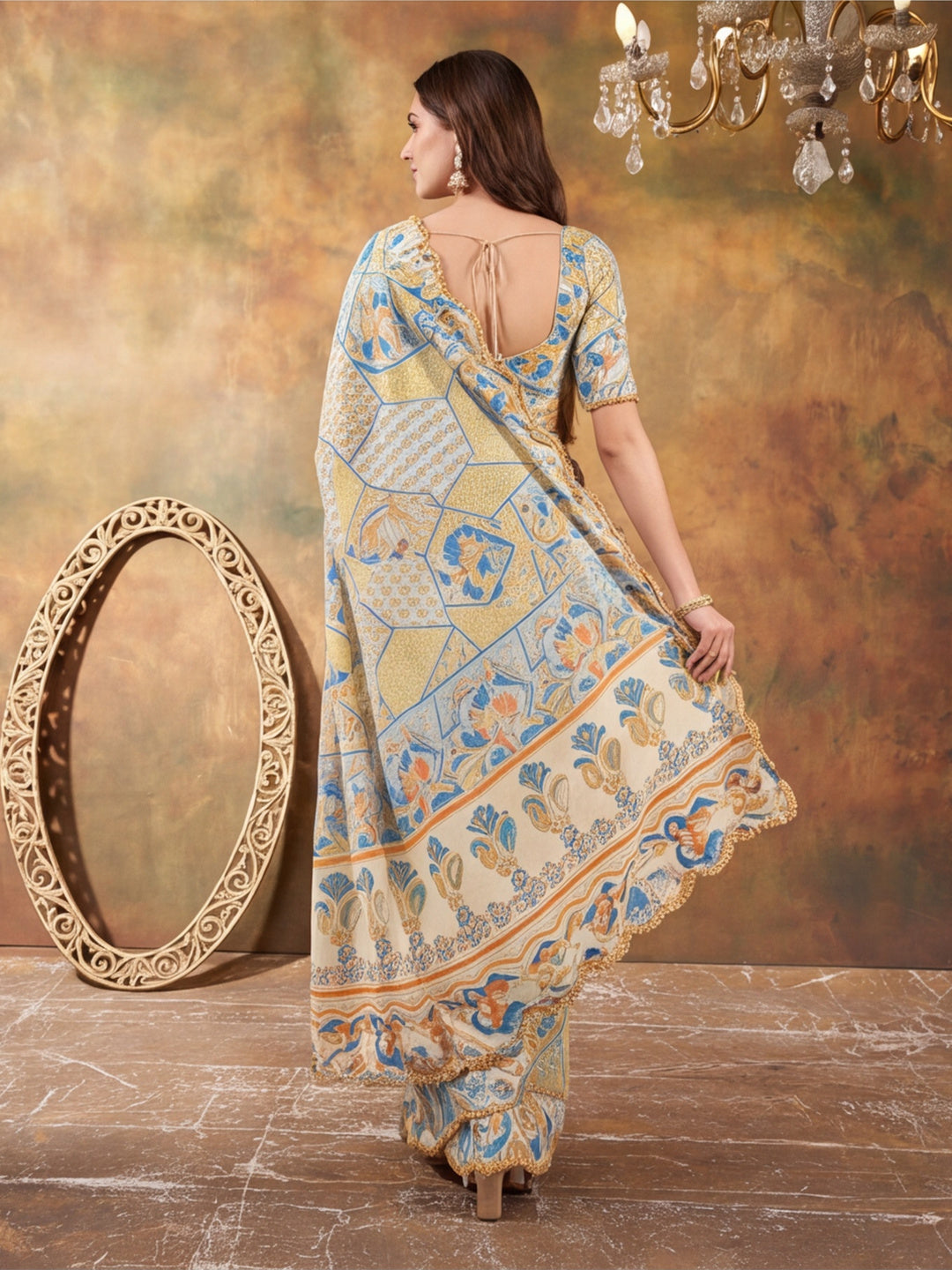 Women Lightweight Printed Beautiful Mirror Work Border Saree With Unstitched Blouse Piece