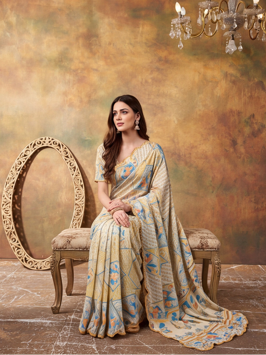 Women Lightweight Printed Beautiful Mirror Work Border Saree With Unstitched Blouse Piece