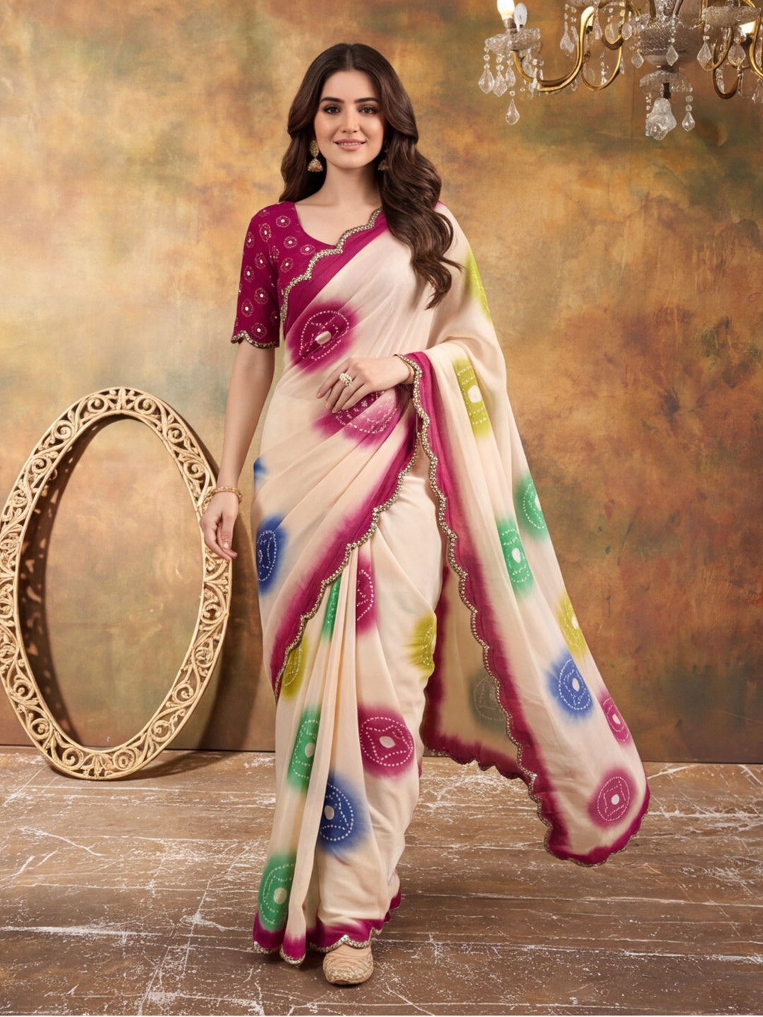 Women Lightweight Printed Beautiful Mirror Work Border Saree With Unstitched Blouse Piece