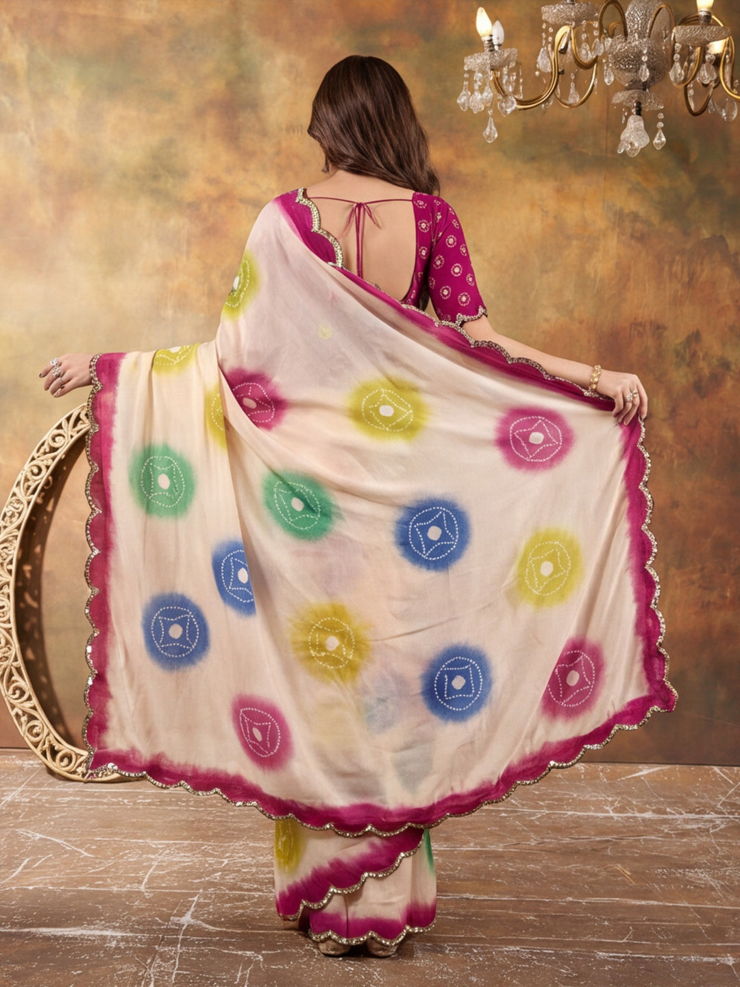 Women Lightweight Printed Beautiful Mirror Work Border Saree With Unstitched Blouse Piece