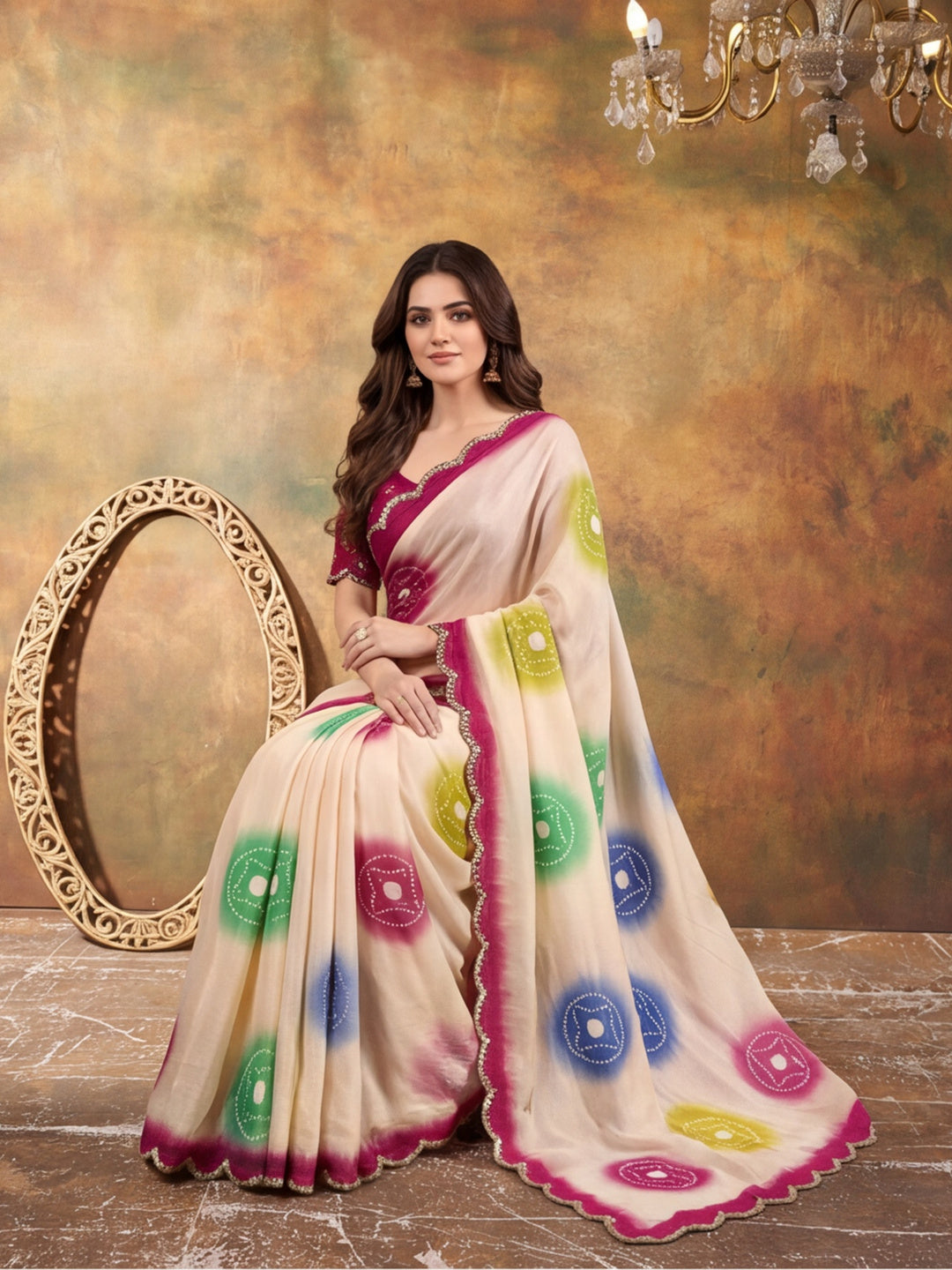 Women Lightweight Printed Beautiful Mirror Work Border Saree With Unstitched Blouse Piece