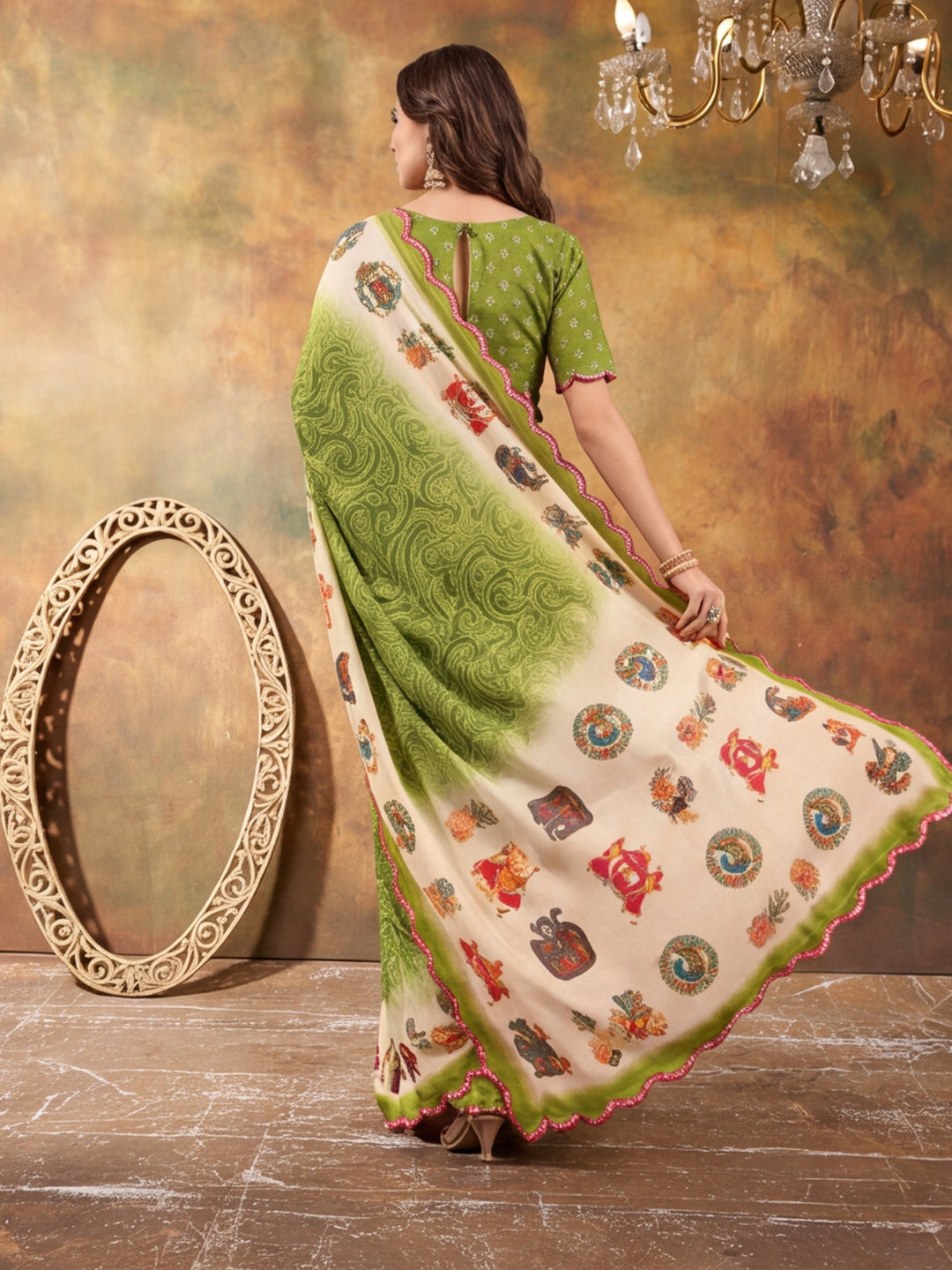 Women Lightweight Printed Beautiful Mirror Work Border Saree With Unstitched Blouse Piece